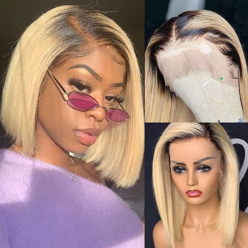 Ombre Blonde Human Hair Wigs 1B613 13x4 Lace Frontal Bob 180 Density Glueless Silky Straight 8 Inch for Women Brazilian Hair Pre Plucked with Baby Hairs HD Transparent Glueless Bob Wig